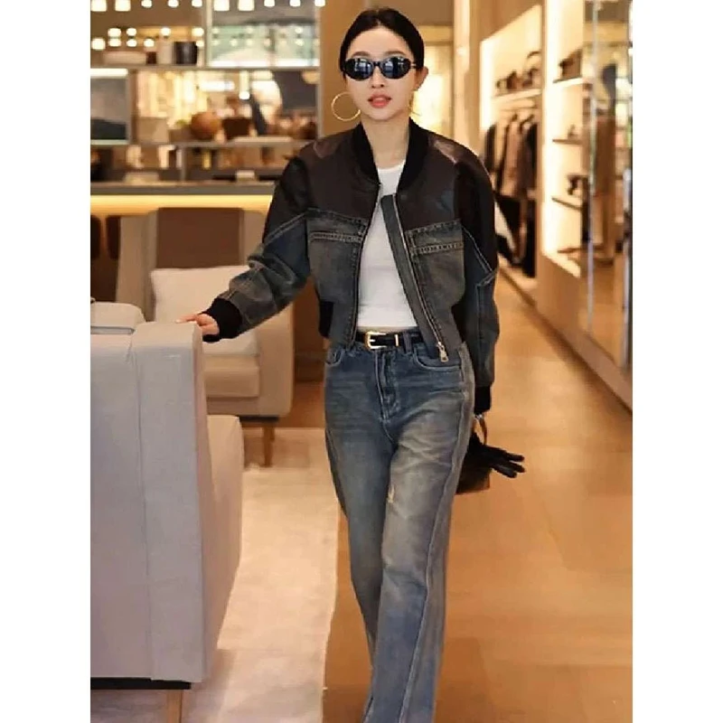 独特漂亮复古牛仔外套女春秋季新款小个子时尚拼接皮短款夹克上衣