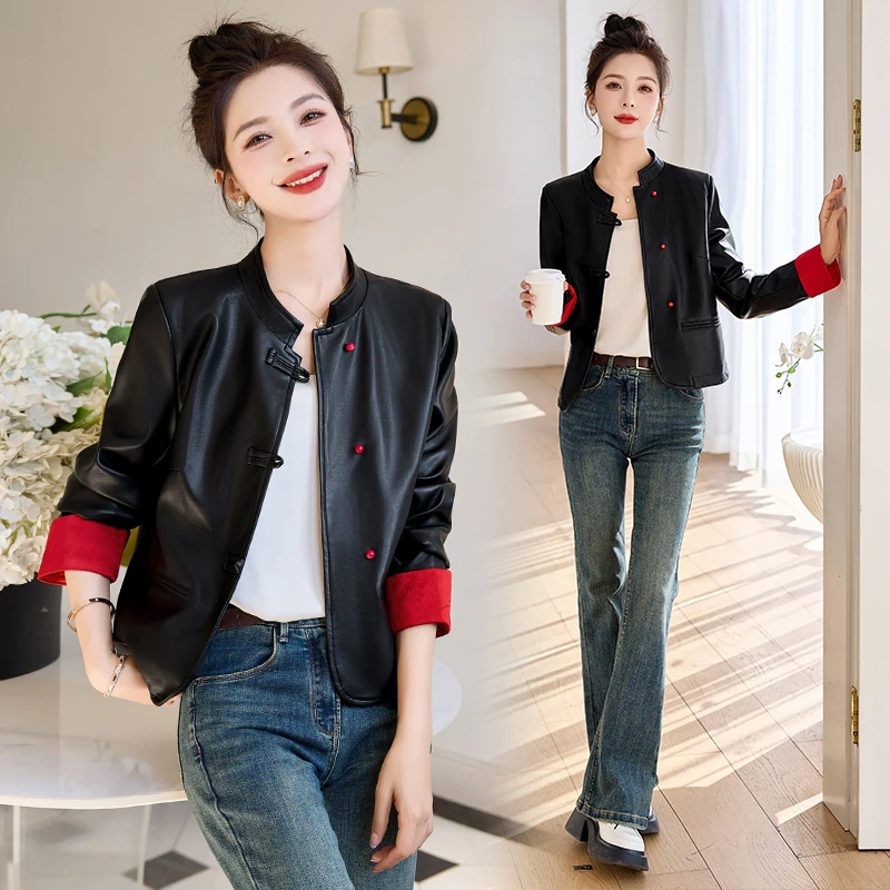 新中式皮衣2025年春季新款时尚盘口盘扣外套潮牌轻奢气场强大女装