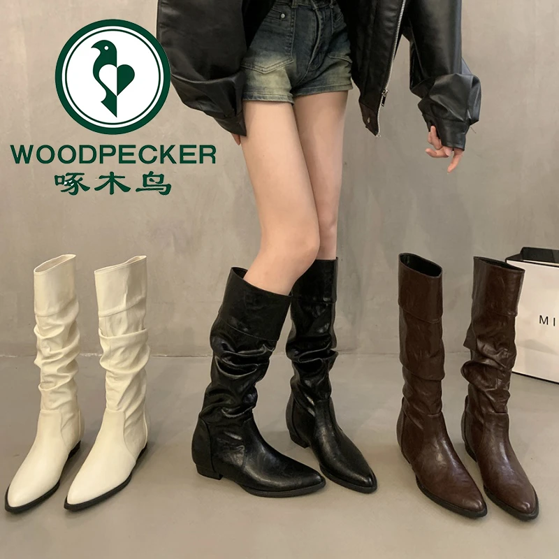 啄木鸟粗跟尖头堆堆靴长靴女鞋2025年新款秋冬季中筒瘦瘦骑士靴子