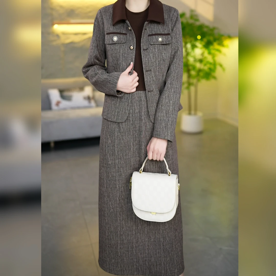 【两件套】2025春季新款时尚套装气质减龄洋气长袖连衣裙显瘦妈妈装