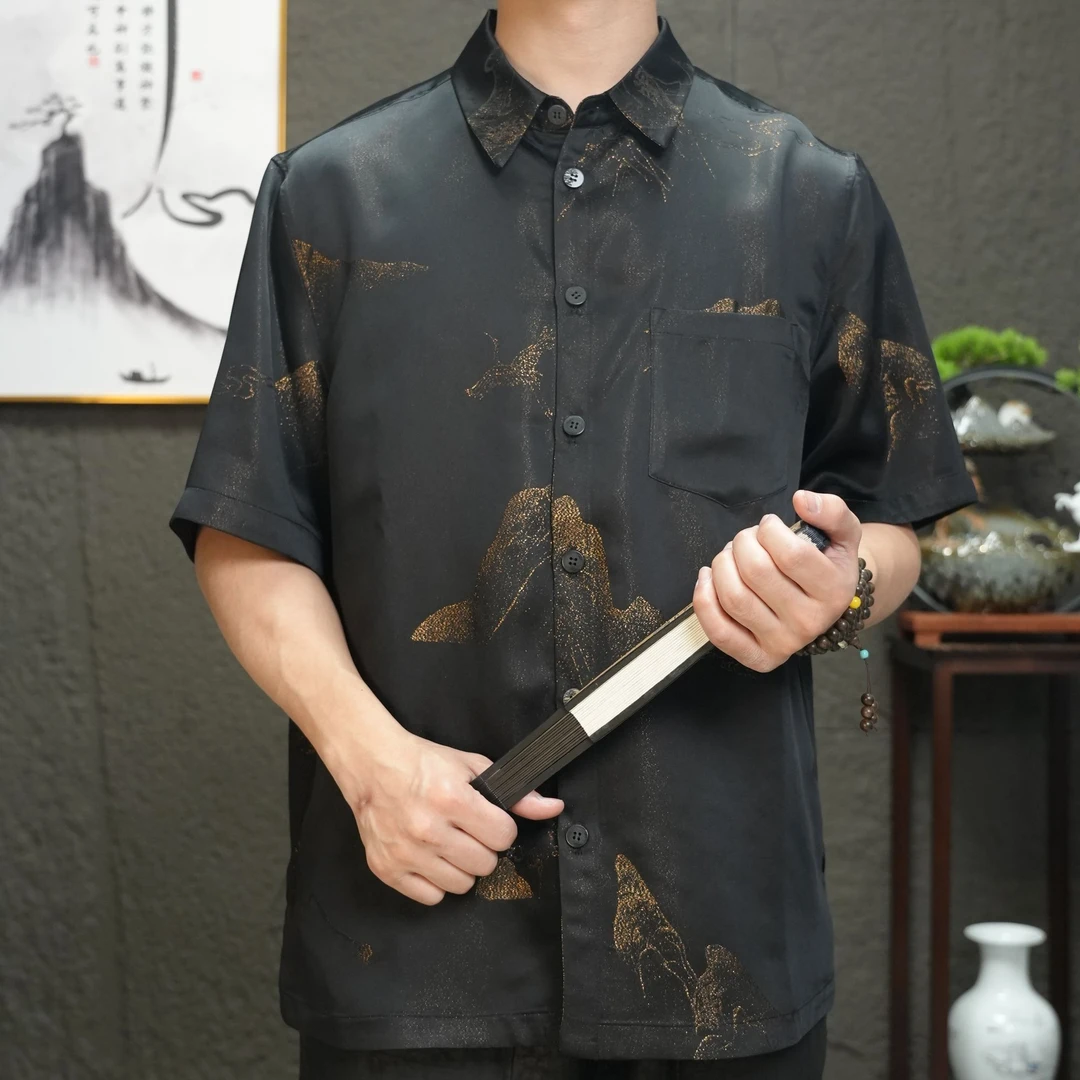 正绢桑蚕丝男士翻领衬衫夏季宽松休闲国风复古短袖衬衣