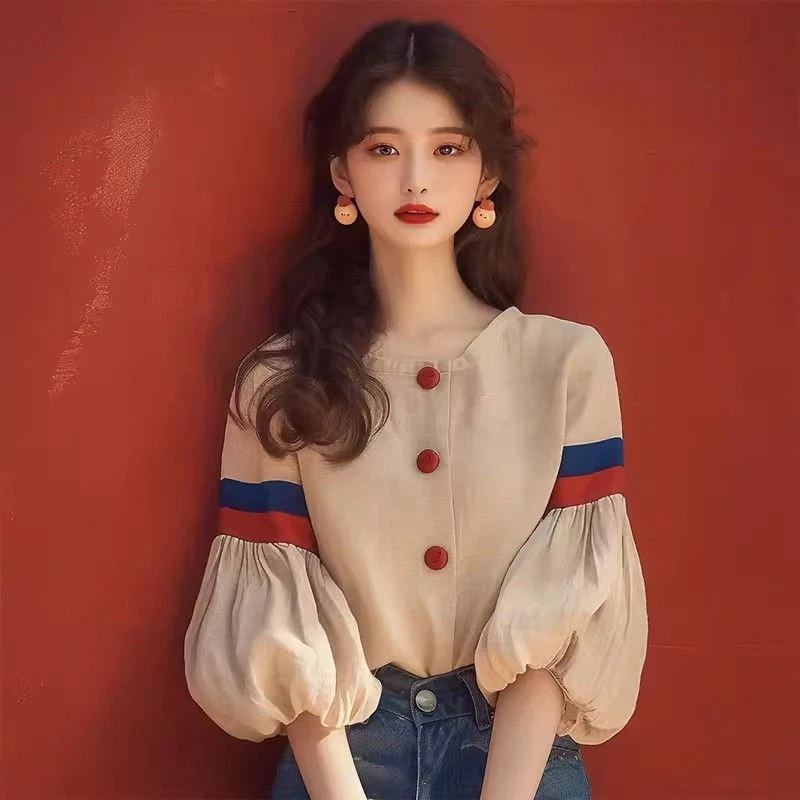 2025早秋新款法式小众设计感独特超好看洋气减龄杏色灯笼袖衬衫女