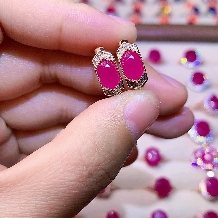 红宝石耳饰银S925镶嵌