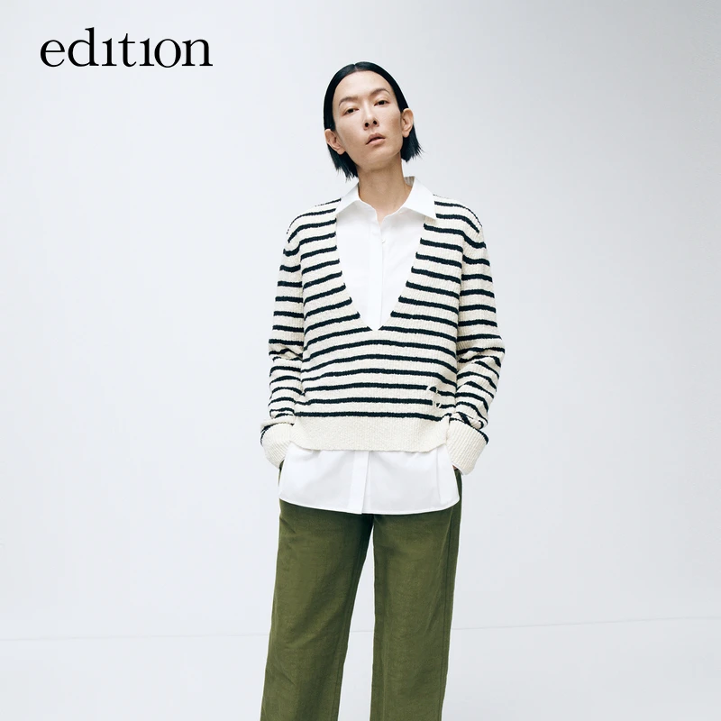 【陈大可】edition针织衫女丝棉撞色条纹V领毛织上衣#EBD1SWTT08