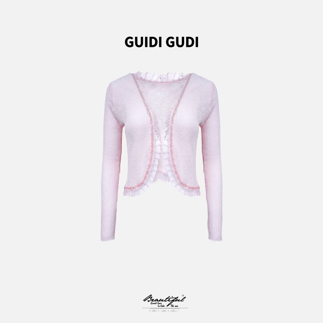 GUIDI GUDI【抓水母】黄加蓝长袖针织百搭镂空蕾丝外套 W9510777H