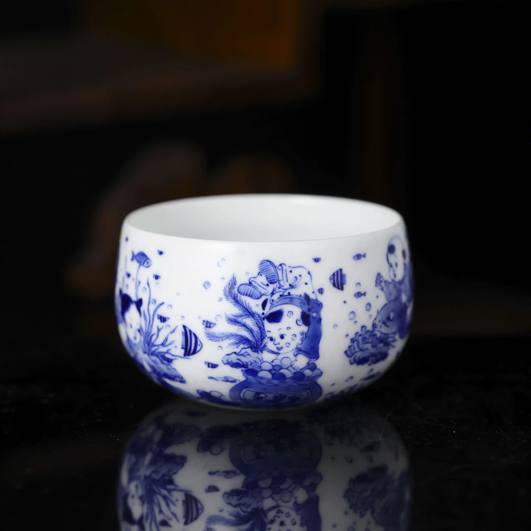 九段烧 妙手青花 婴戏圆口杯（聚宝盆）
