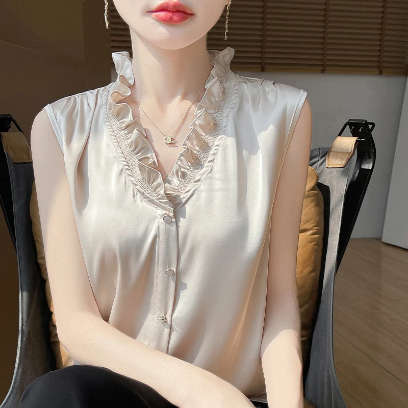 【现货宠粉】新款无袖衬衣纯色亲肤轻奢简约显瘦夏季仿真丝打底衬衫