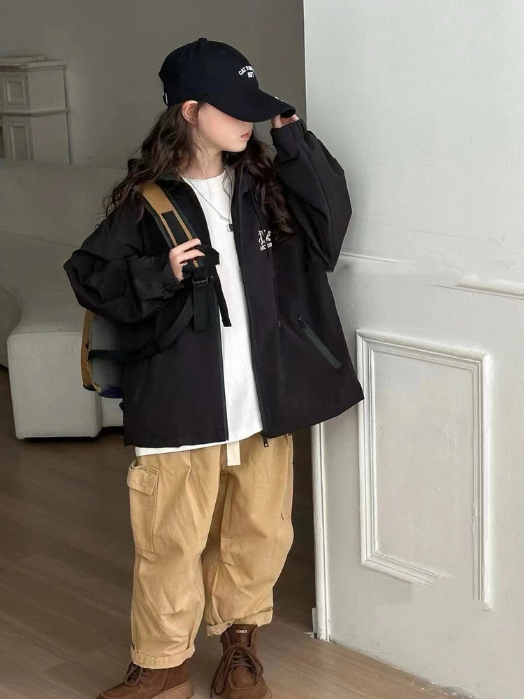 春秋季儿童刺绣骨龙中大童连帽冲锋衣外套 6566