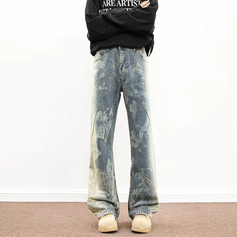 美式小众裤子图腾落色设计感牛仔裤欧美高街复古直筒裤2025休闲