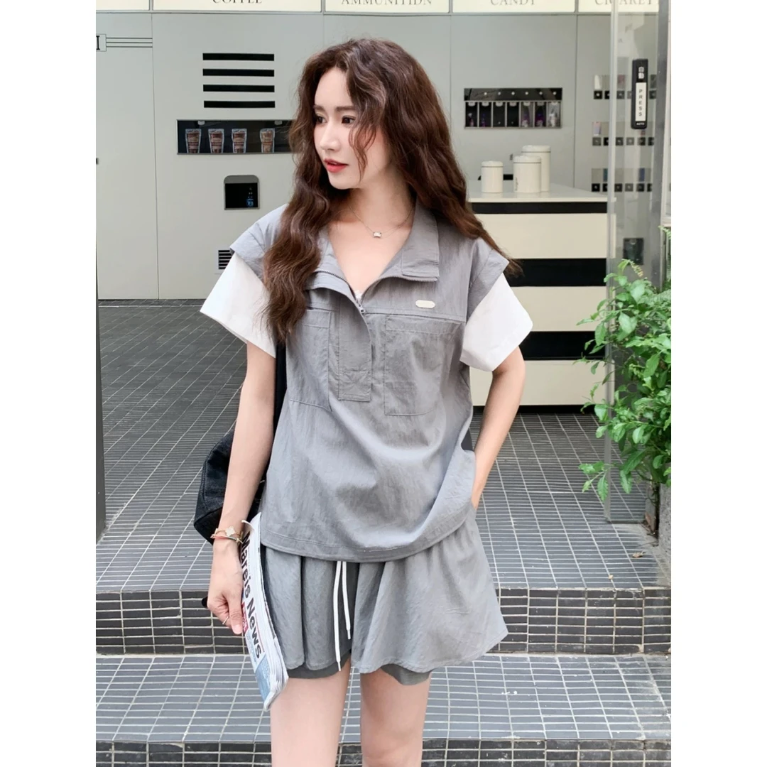 灰色工装马甲百褶短裙两件套女夏季新款绝美韩里韩气小个子套装