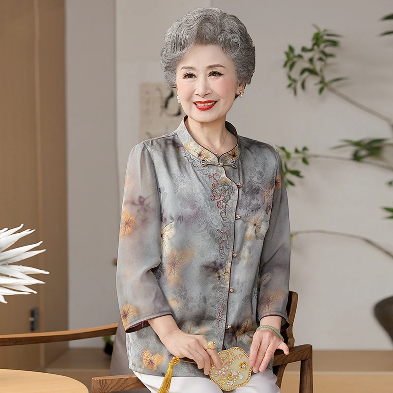 中老年人春装女奶奶七分袖衬衫中国风洋气胖妈妈夏装衬衣薄款复古