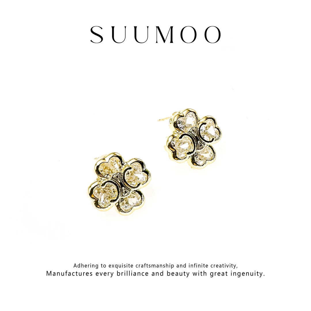 铜合金合成锆石耳饰 风优雅时尚植物花卉镶钻耳饰花朵耳钉