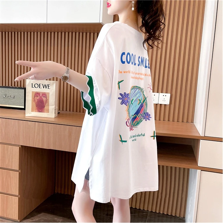 大码女装中长款纯棉短袖t恤女2025新款夏季胖mm宽松百搭显瘦上衣