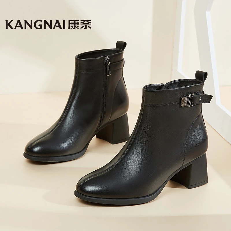 Kangnai/康奈百搭真皮女靴粗跟时装英伦中跟圆头加绒时尚11138039