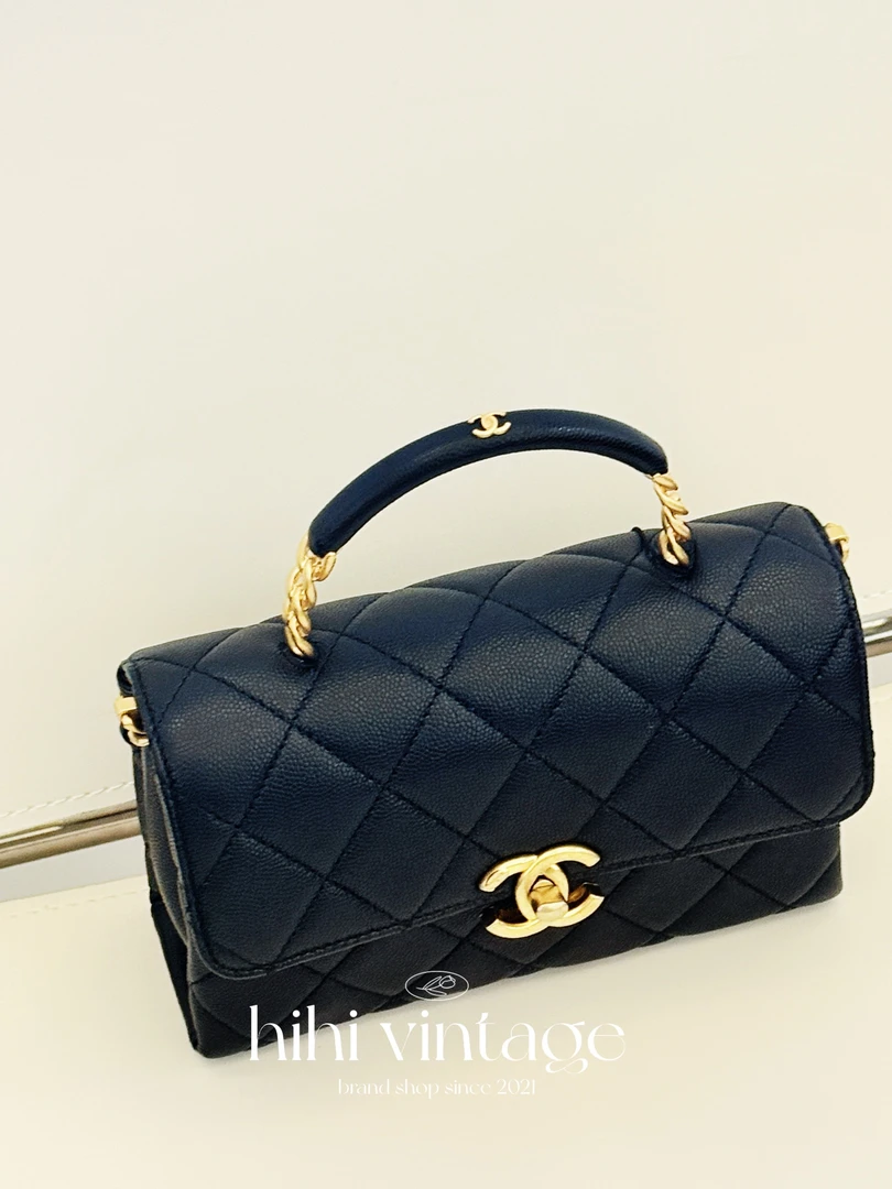 99新 Chanel/香奈儿 黑金荔枝纹Carry me手柄口盖包  二店