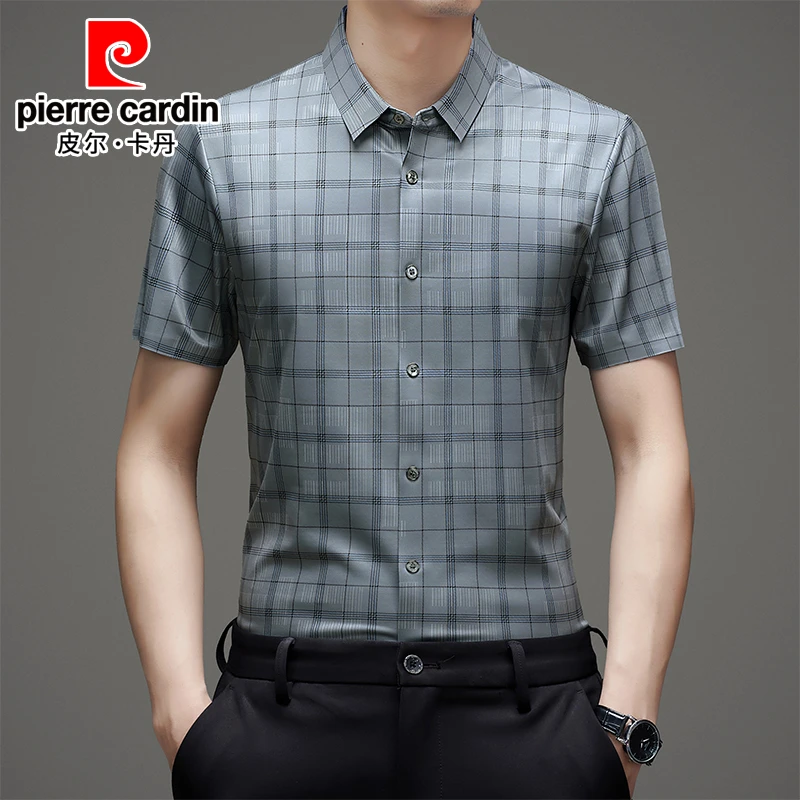 皮尔卡丹正品短袖衬衫男2025新款中年男士格子冰丝无痕弹力衬衣潮