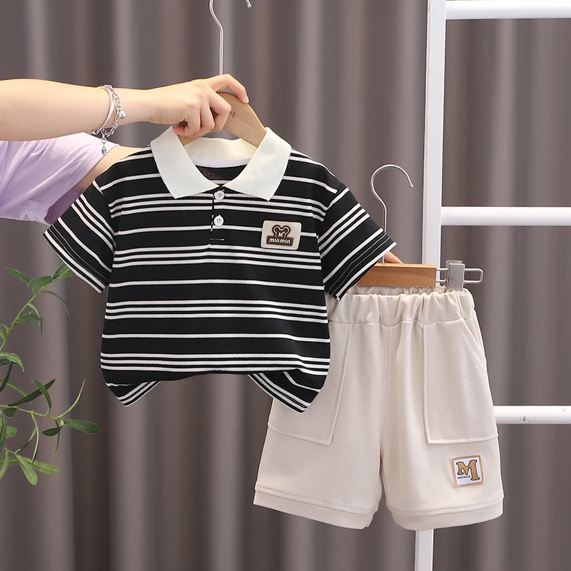 小一峰夏季儿童翻领短袖+短裤两件套针织珠地棉高品质童装男女宝~
