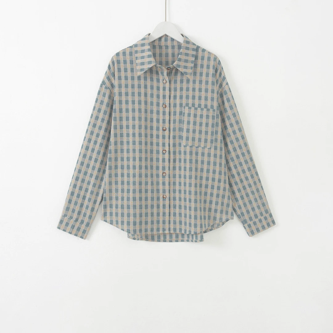 几里与麻【苍荷】百搭格子休闲衬衫 衣长68 胸围116 2021443