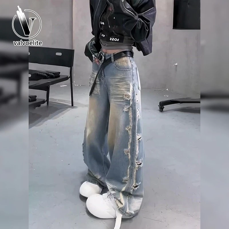 VALVOELITE复古破洞阔腿牛仔裤女春夏新款大码时尚白色牛仔阔腿裤