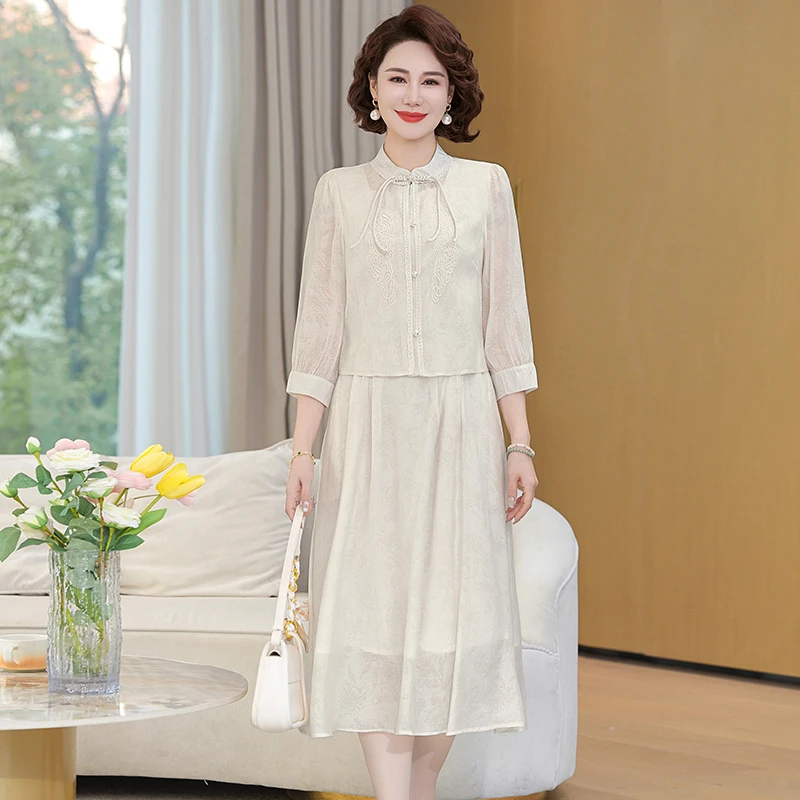 高档新中式妈妈气质俩件套2025春夏新款美拉德高雅端庄贵气套裙