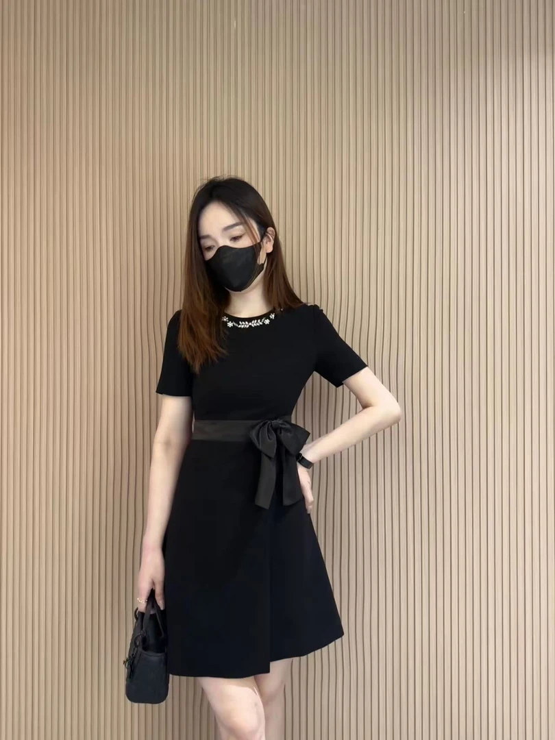 【DL高端定制】新款重工手工镶钻气质收腰显瘦连衣裙5283