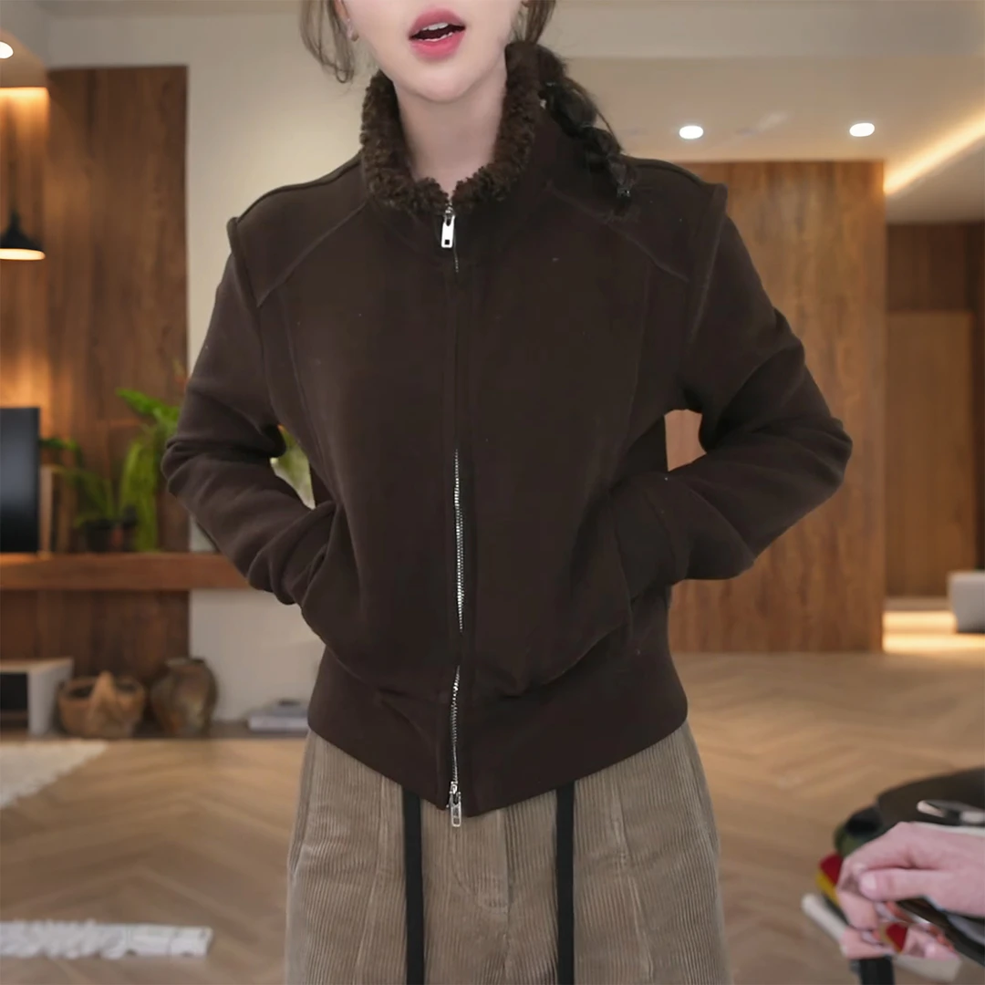 今年流行毛边立领长袖短款外套女秋冬季新款好看漂亮高级修身上衣