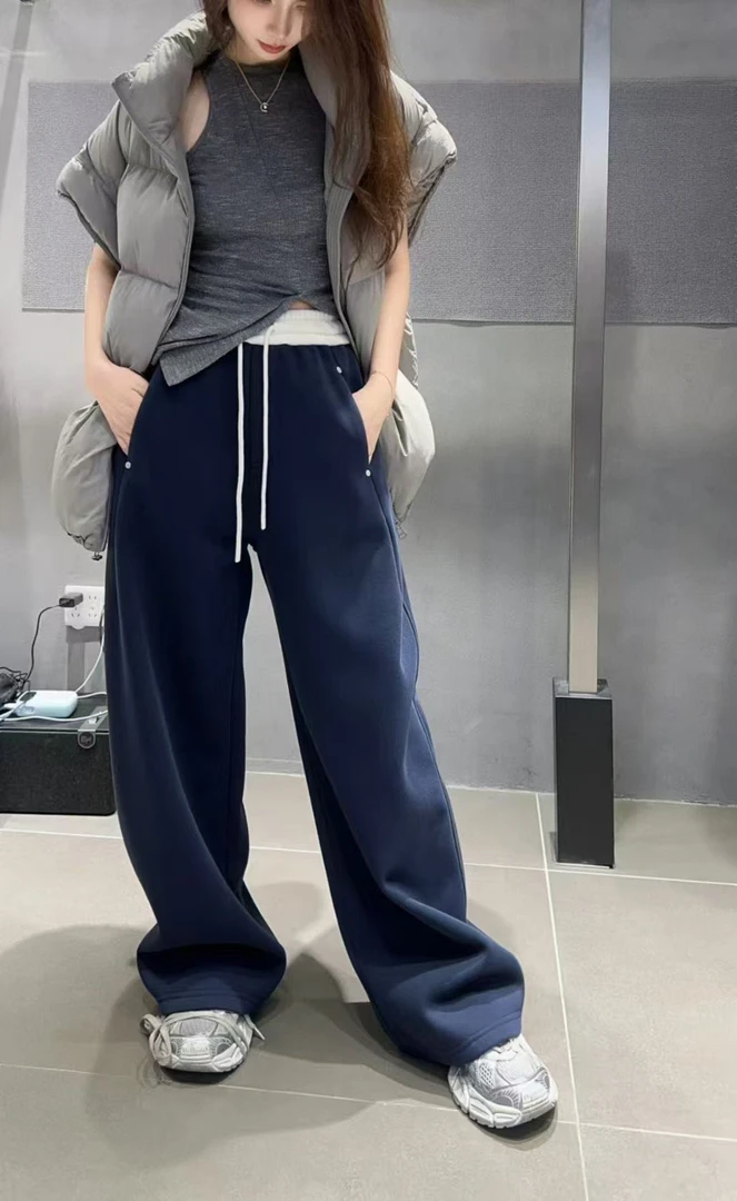 5211春夏款直筒裤常规高腰微弹力女士卫裤阔腿裤薄款拼接长裤