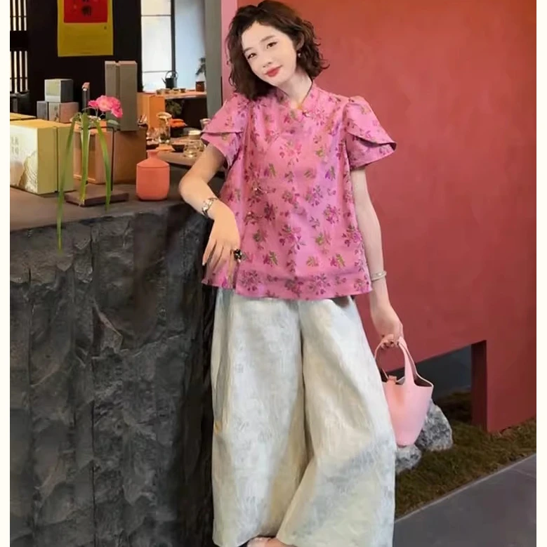 2025超火夏装一整套新中式国风年轻款盘扣改良唐装上衣裤子两件套