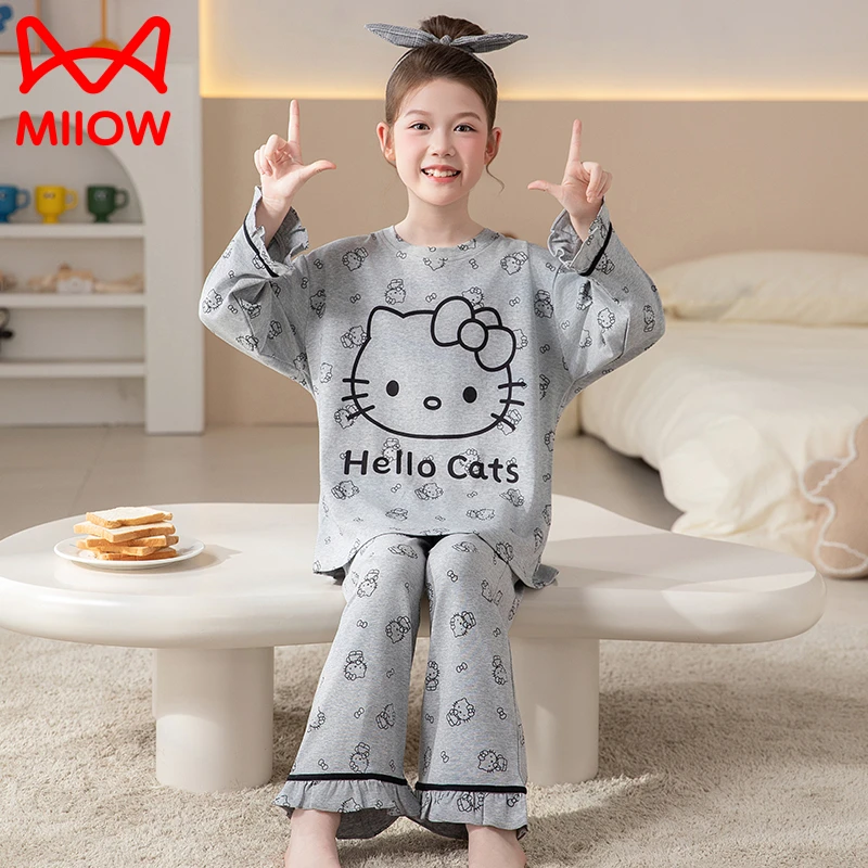 MiiOW/猫人女童睡衣100%纯棉春秋季儿童中大童女孩长袖家居服套装