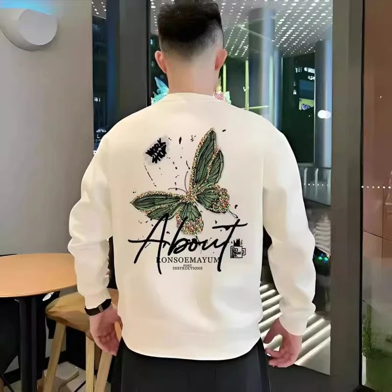 仓石一树潮牌2025新款春秋冬美式蝴蝶印花卫衣男圆领套头加绒上衣