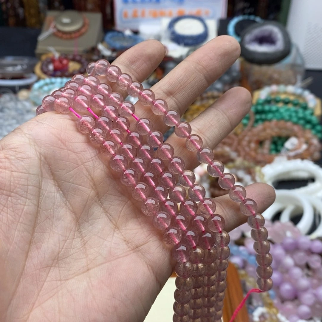 玛瑙/玉髓未镶嵌珠宝半成品一条天然6.8mm草莓晶A184