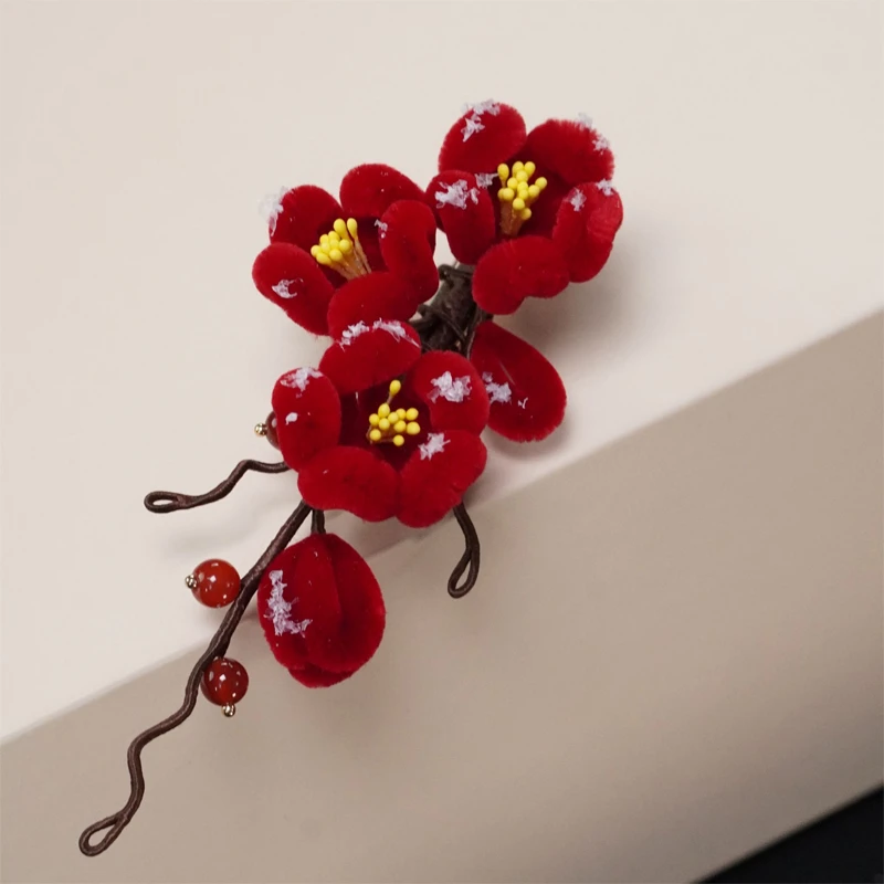 傲骨雪红梅发夹发饰发卡胖绒非遗绒花南京绒花国风红色发夹头饰