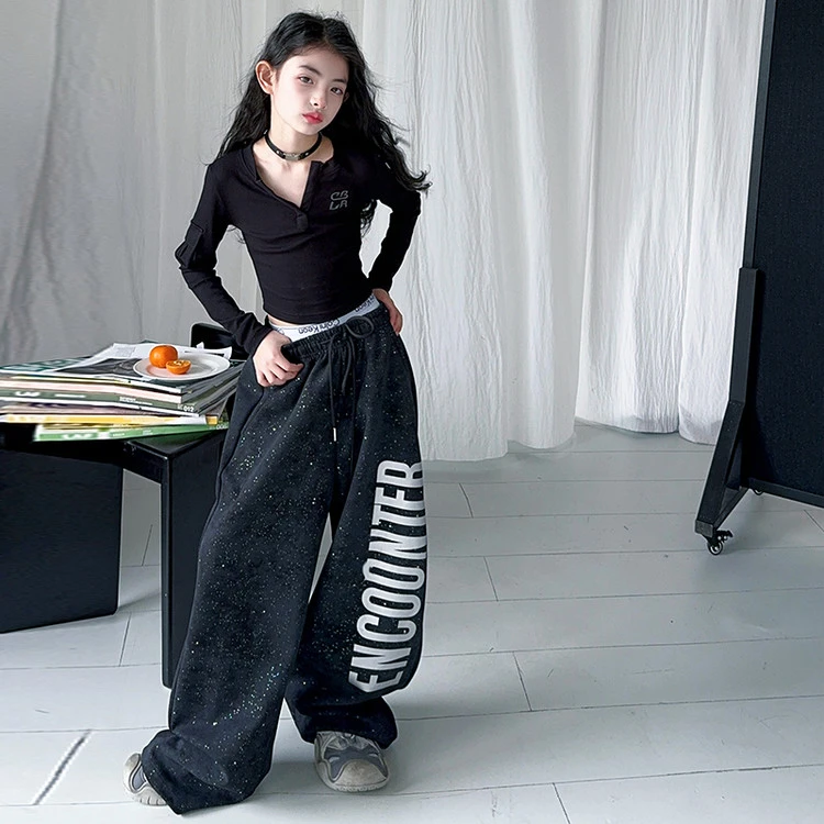 2025新款秋季废土风童装时尚黑色T恤阔腿裤男女童潮酷休闲装