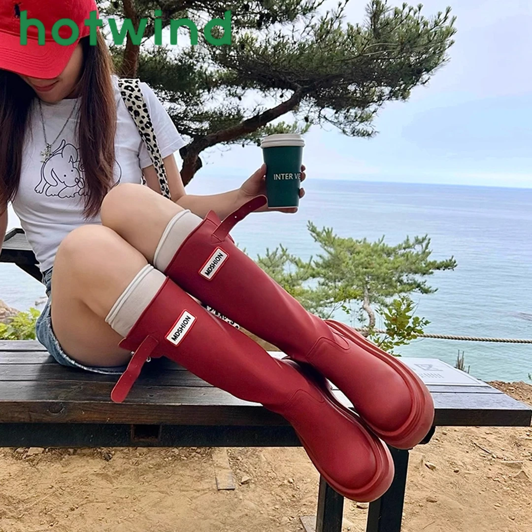 热风新款厚底红色高筒靴户外雨靴女2025秋季不过膝长筒骑士靴长靴