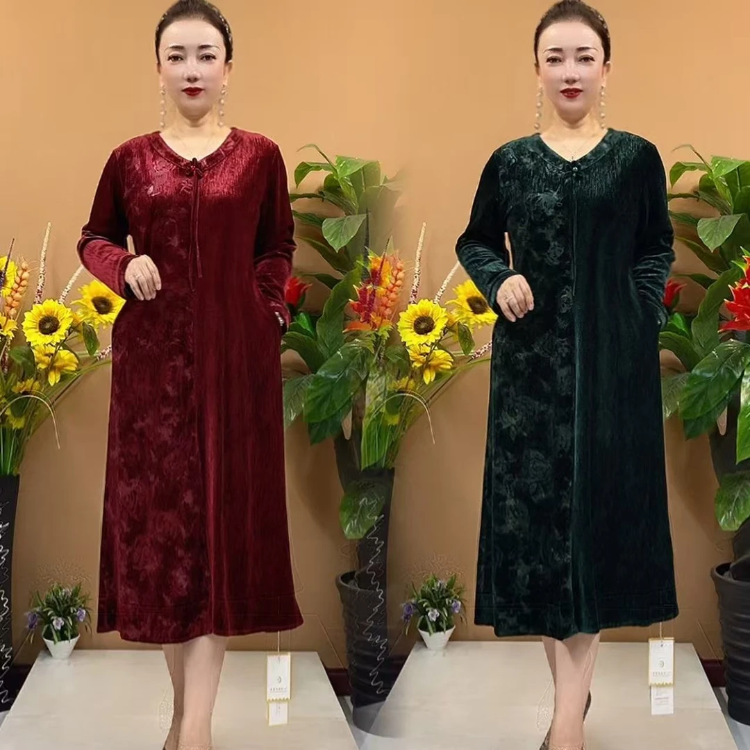 8516新款丝绒高档时尚阔太太大码遮肚显瘦妈妈连衣裙
