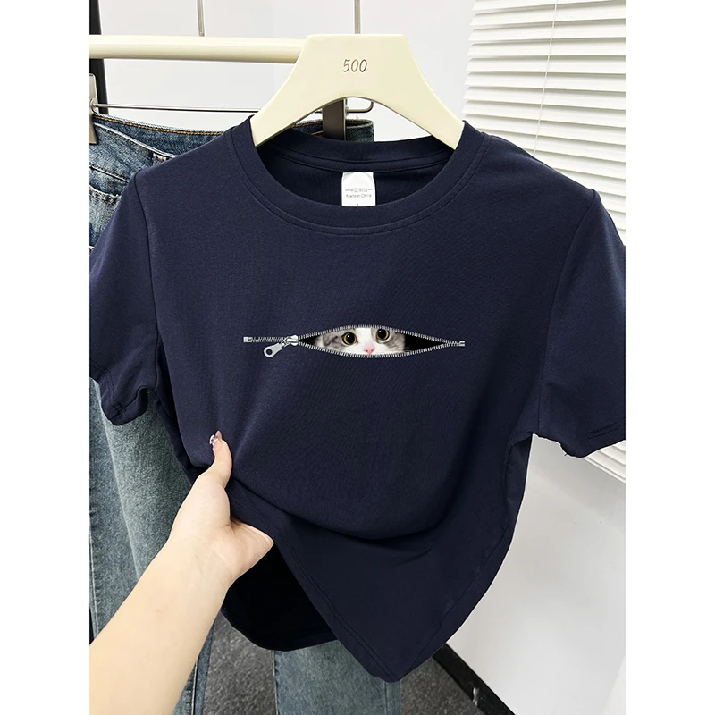 可爱猫咪圆领正肩短袖T恤女春夏季新款韩版小个子别致显瘦上衣服