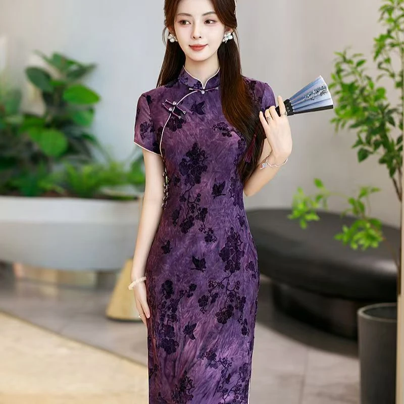 SWM218-95国风中式长款改良旗袍2025新款年轻款女复古连衣裙