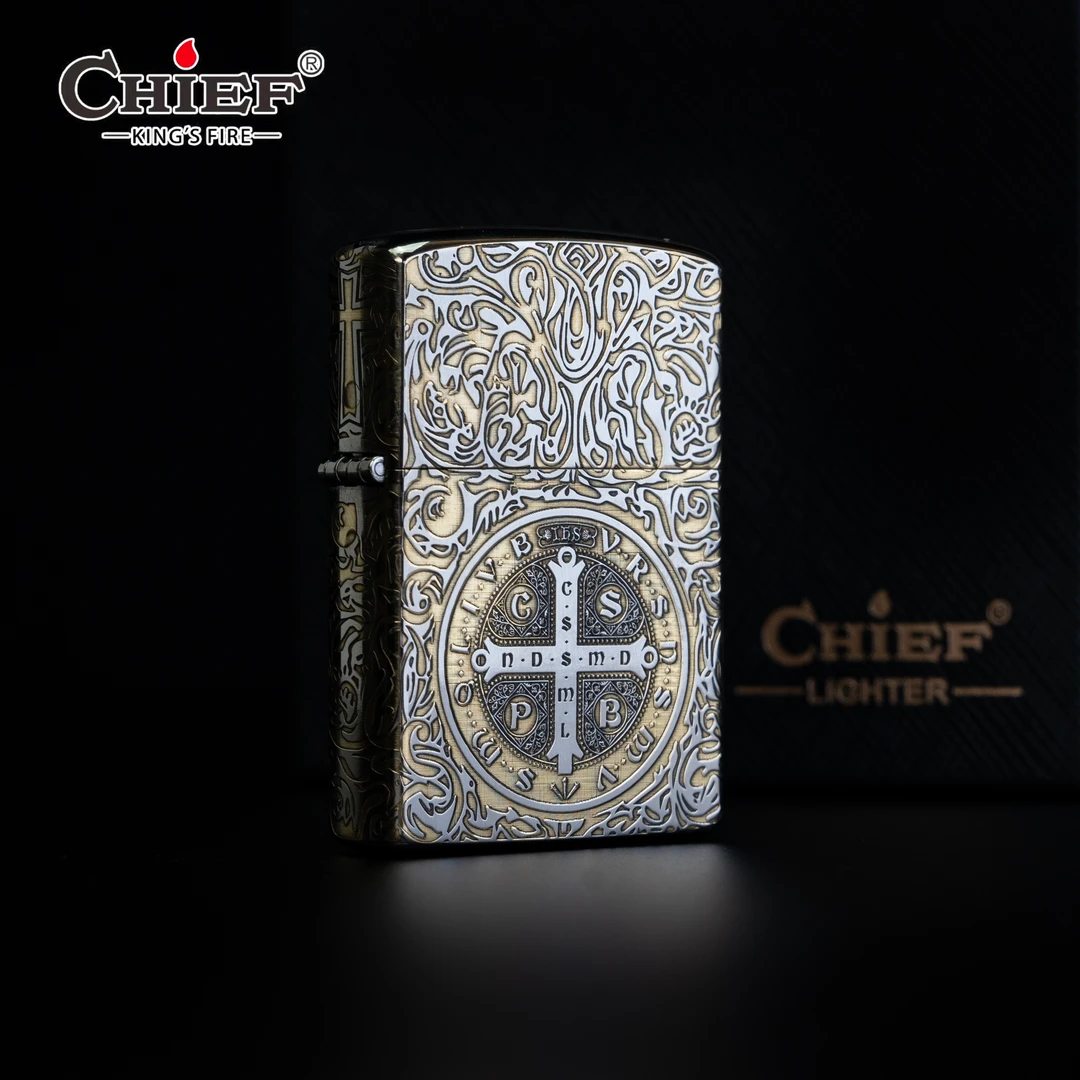 CHIEF/首领康斯坦丁原装五面满雕双色花纹个性黄铜防风煤油打火机