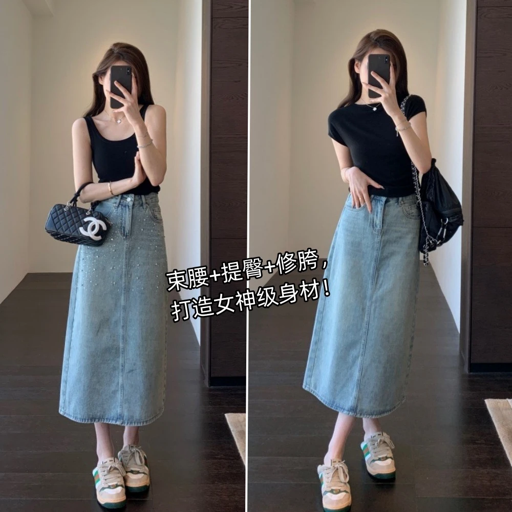 【昕安】感烫钻牛仔半身裙显腿长高腰A字开叉长半身裙女2025夏新款