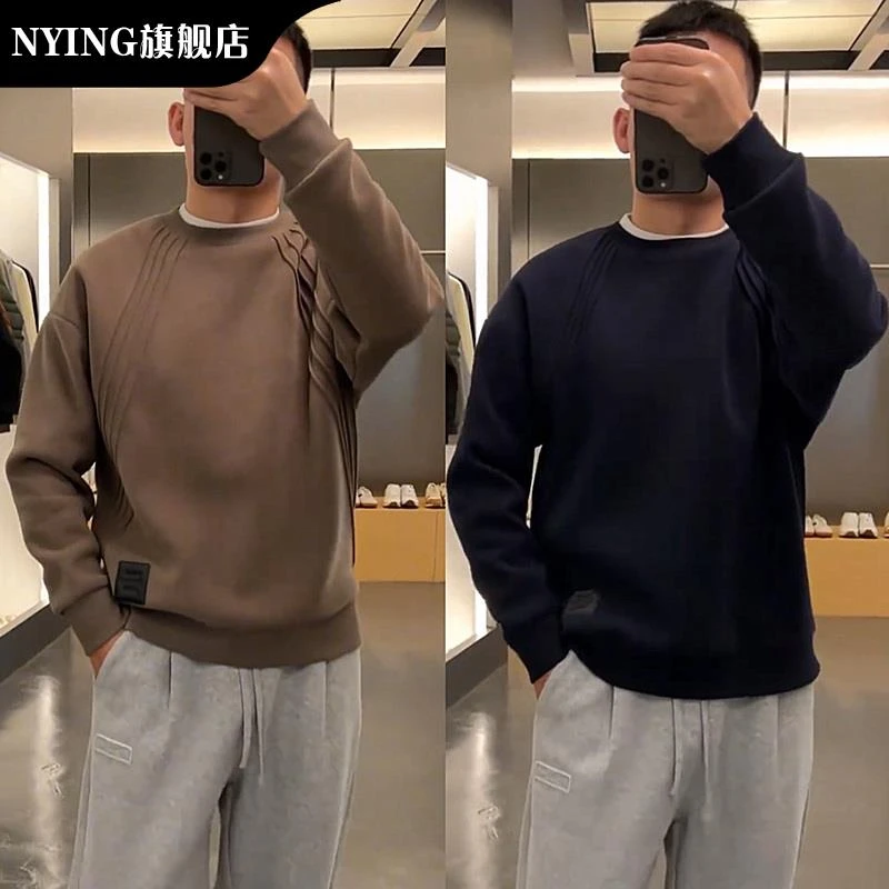 NYING2025秋冬加绒加厚简约设计潮流圆领厚棉T男宽松百搭时尚上衣