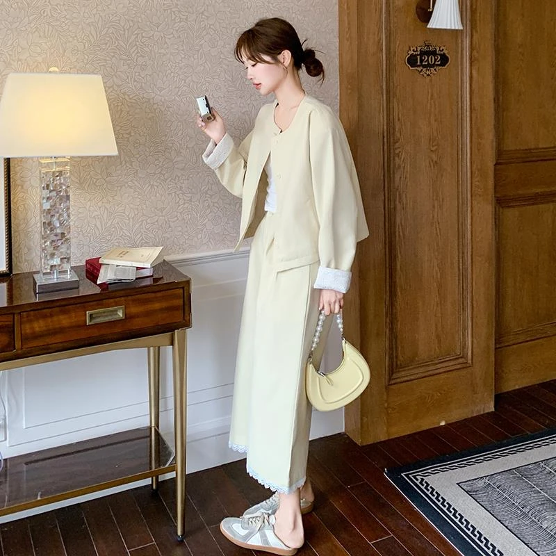 名媛气质小香风黄色外套两件套女2025春季新款蕾丝拼接阔腿裤套装