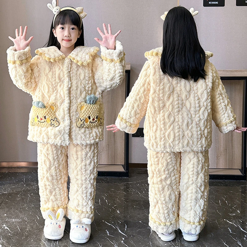 新款法兰绒女童睡衣三层夹棉冬季加绒加厚儿童洋气公主家居服套装