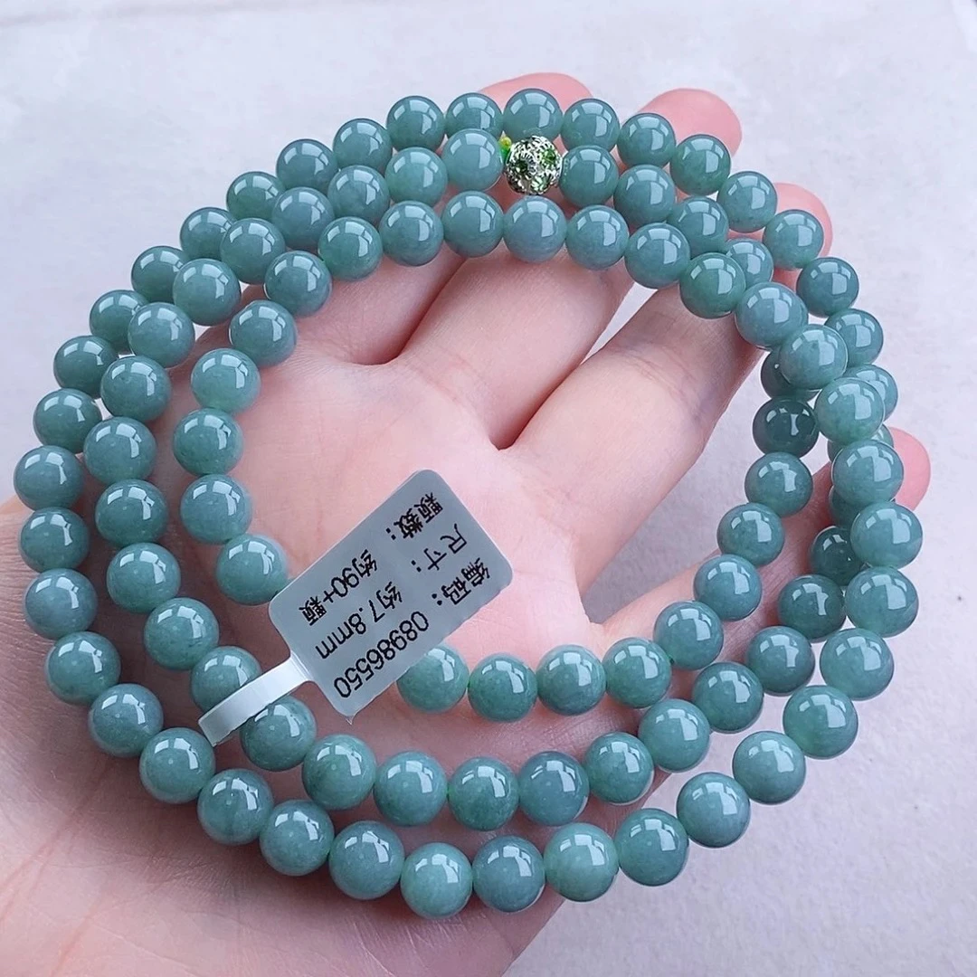 正品A货翡翠项链 卡7+ 冰蓝水圆珠项链 气质 百搭 老蓝水 时尚