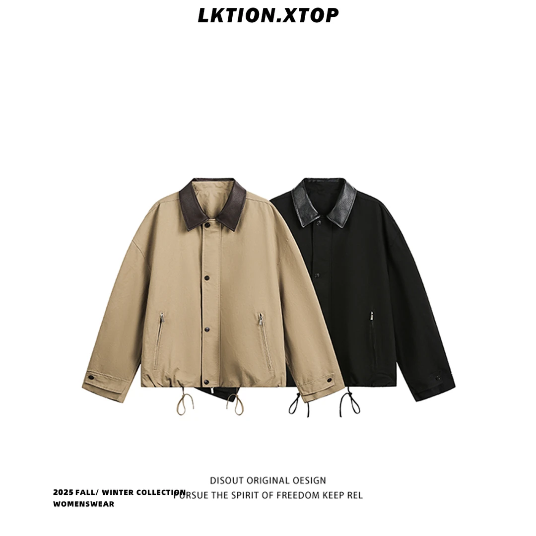 LK正品 美式复古巴恩风短款PU皮拼接翻领夹克老钱风宽松工装外套