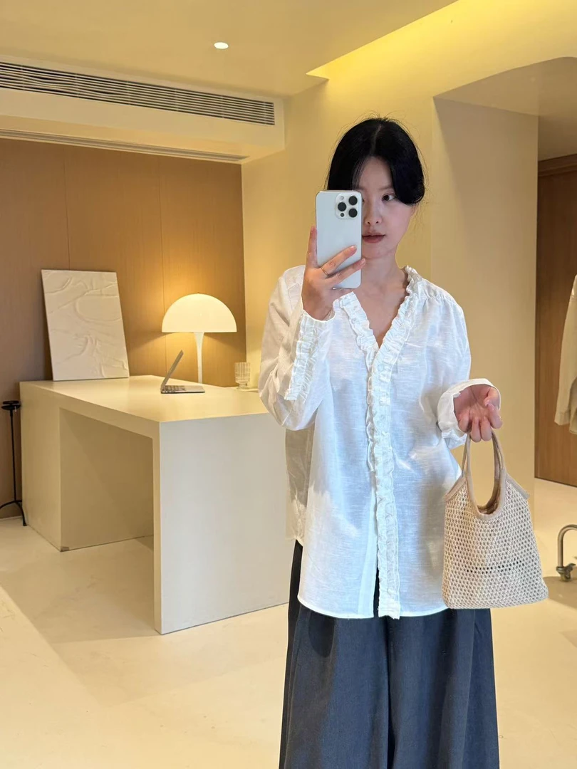 MOREYOUNG李李家手工花边简约麻衫25003