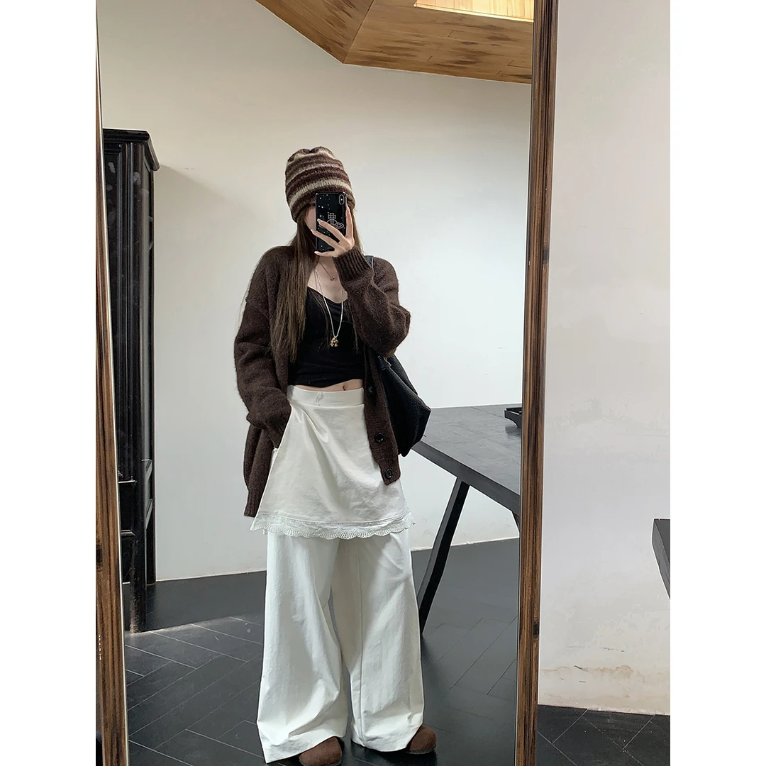 2025夏装新款假两件蕾丝拼接直筒裤女高腰宽松阔腿裤休闲裤拖地裤