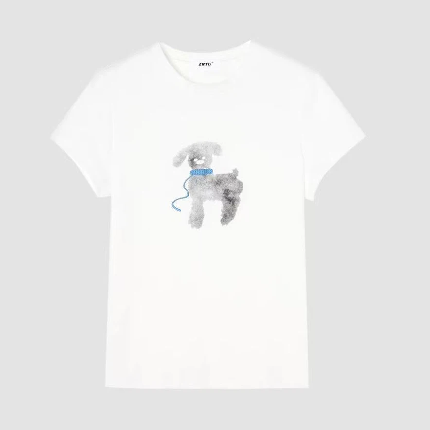 2025新款休闲风常规短袖T恤女设计师印花圆领小狗潮流百搭通勤潮