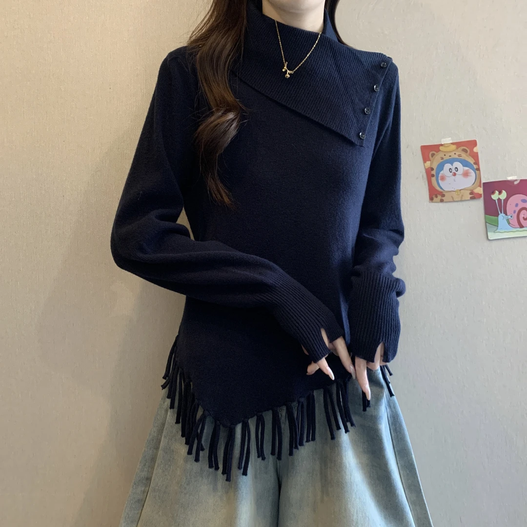 大码遮肚子不规则流苏下摆高领毛衣女胖妹妹慵懒风针织衫别致上衣