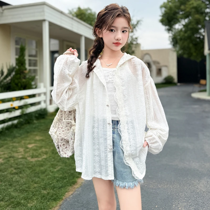 白色连帽女童花边防晒衣服夏季2025新款中大童儿童薄款外套防晒服
