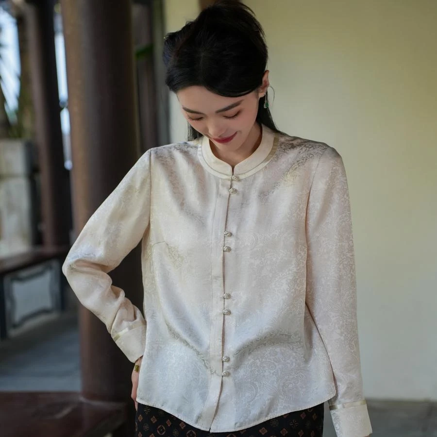 【桑蚕丝】觅萝香原创新中式2025年春新百搭腰果花盘扣长袖衬衫女